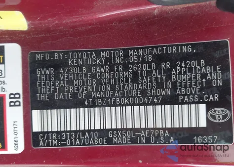 2019 Toyota Avalon Limited from USA, damaged, VIN 4T1BZ1FB0KU004747